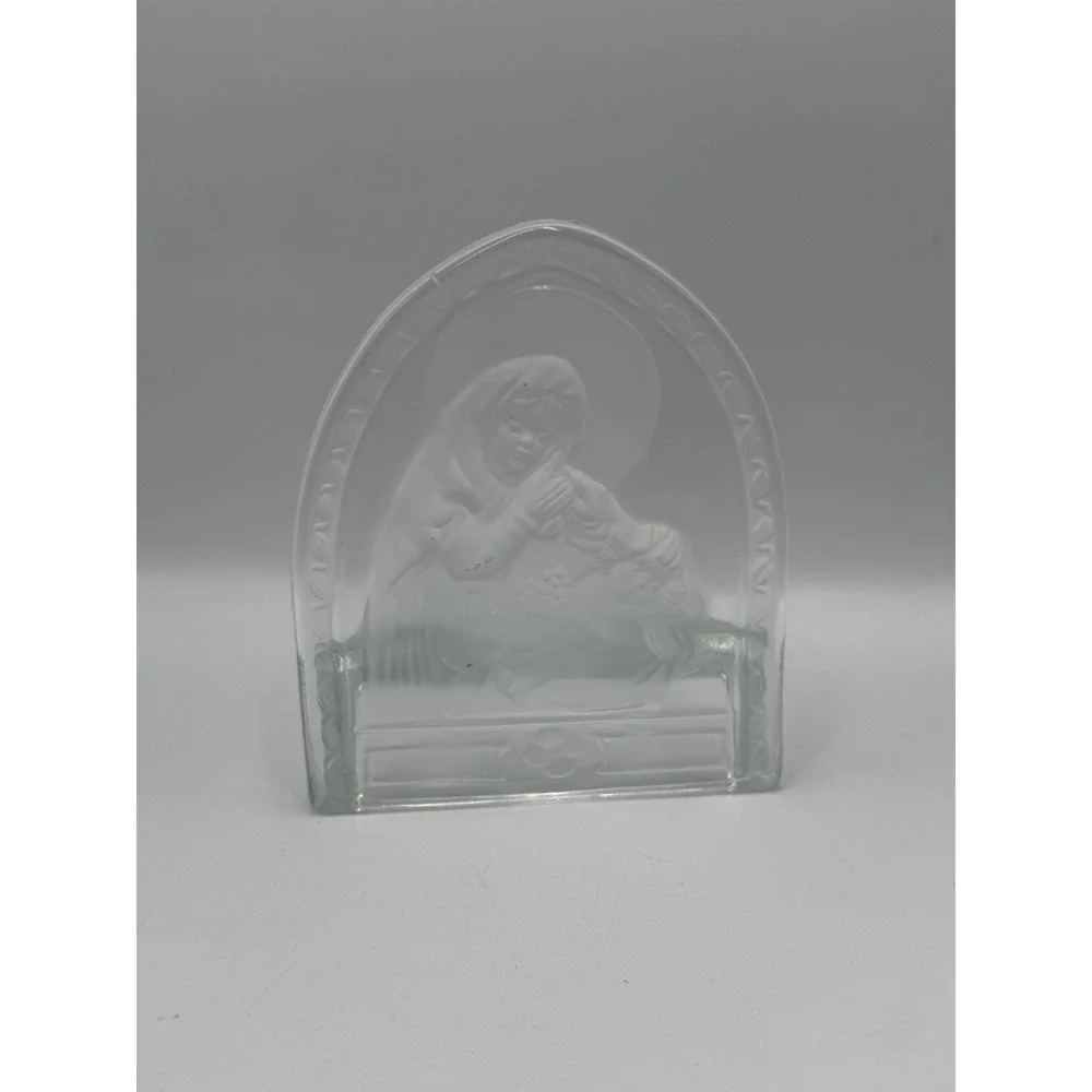 Frosted Glass Madonna and Child Votive Candle Holder Religious Nativity Arch